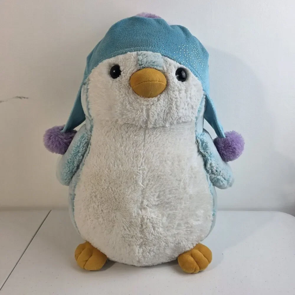 16” Aurora World Plush Blue Penguin Winter Hat W/ Purple Pom Pom Stuffed Animal